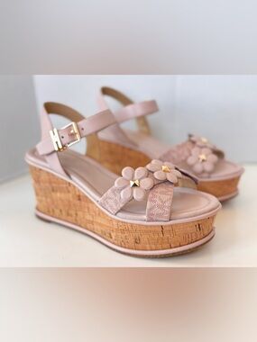 Michael Kors Melina Wedge Pink Leather Platform Wedge Sandals Shoes Size 7.5